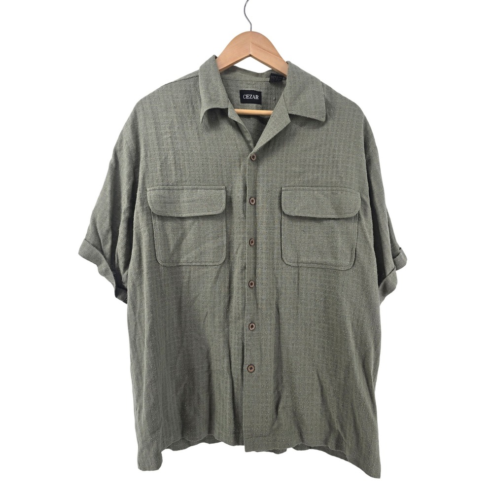Cezar Button Up Shirt Mens M Green 100% Silk Textured Short Sleeve Camp Pockets